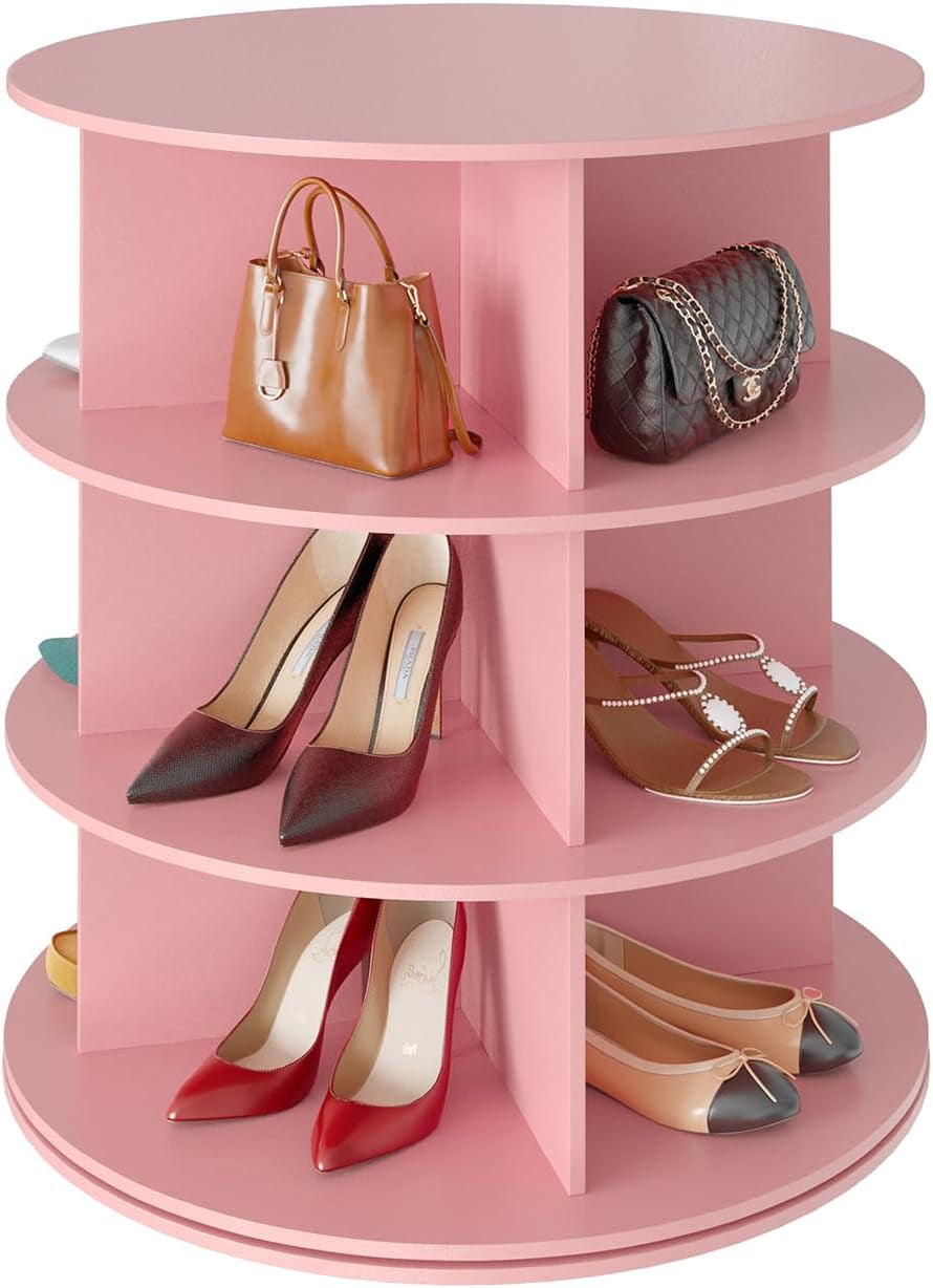Cropped view of three tiers in a pink finish holding handbags and high heels.