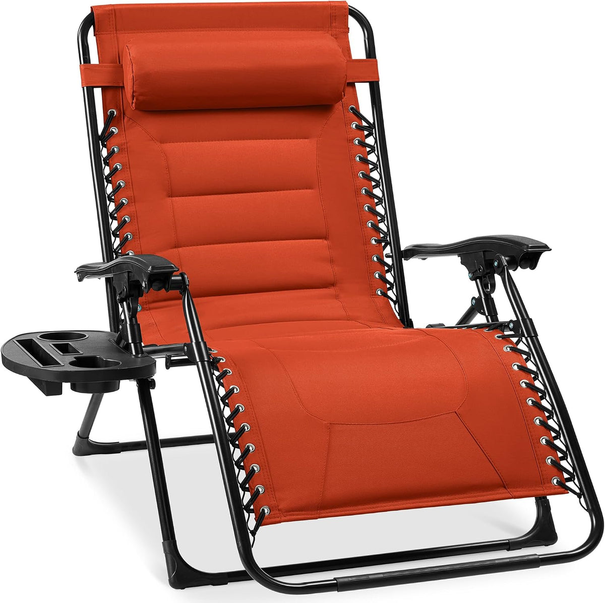 Orange-red padded recliner close-up showing laced side, armrests and cup tray