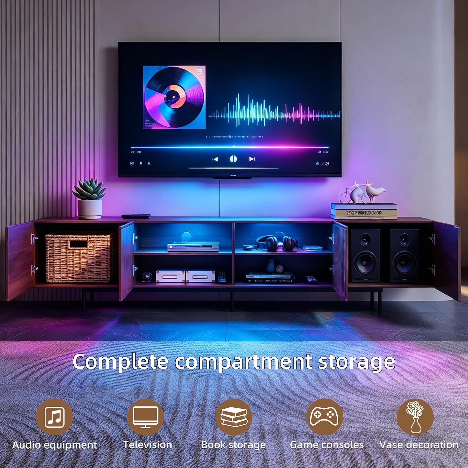 Open brown TV stand with six storage compartments beneath a wall-mounted TV and colorful lighting.