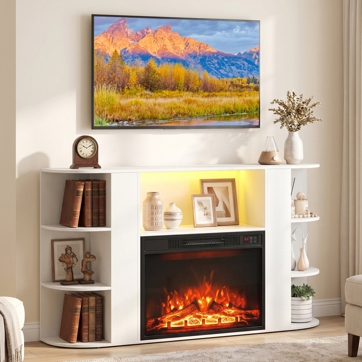 White fireplace TV stand with glowing electric fire and yellow-lit display shelf beneath a wall-mounted TV.