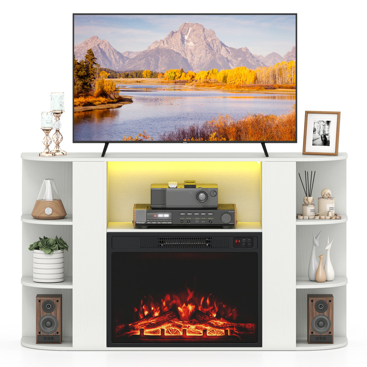 White fireplace TV stand with an electric fire, yellow-lit center shelf, and curved side display shelves.