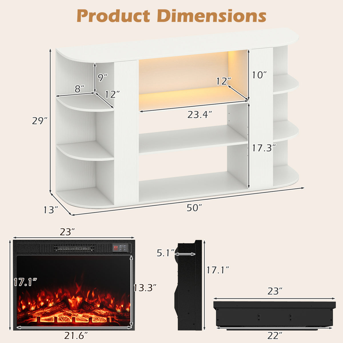Dimension diagram showing the TV stand and separate fireplace insert from front and side views.