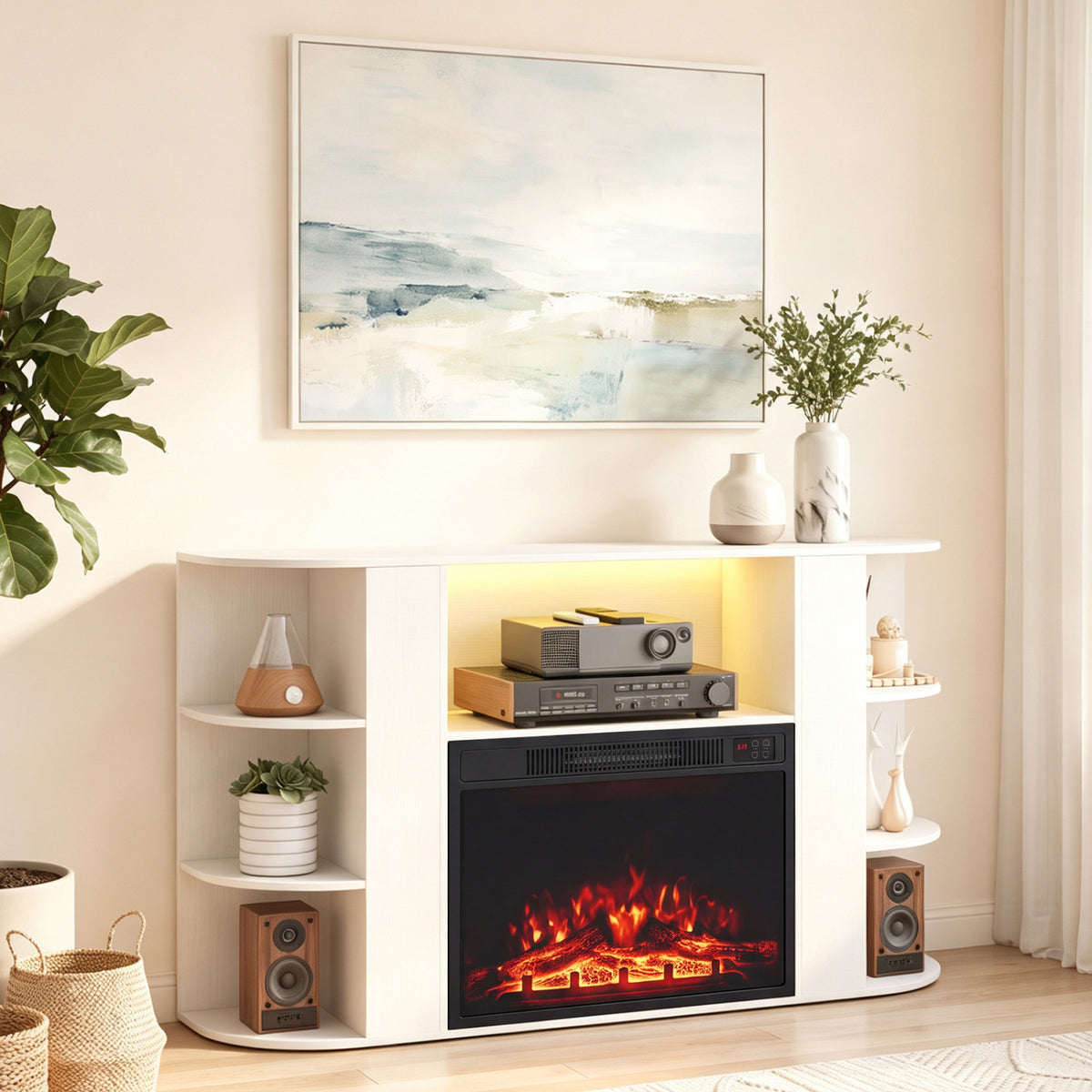 White fireplace TV stand with a glowing electric fire, shelves, speakers and decor in a bright living room.