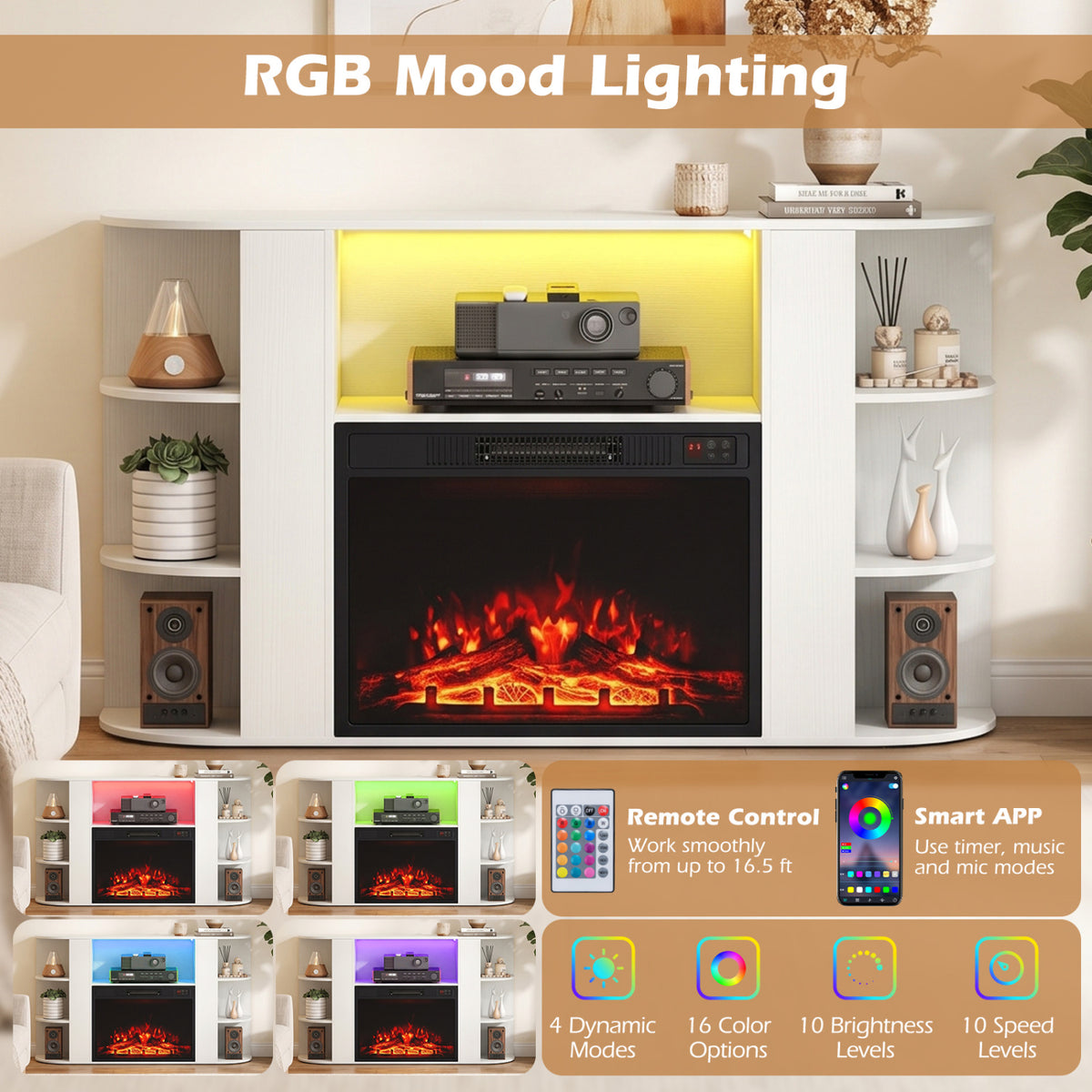 White fireplace stand with yellow shelf lighting, shown alongside colorful lighting modes and app controls.