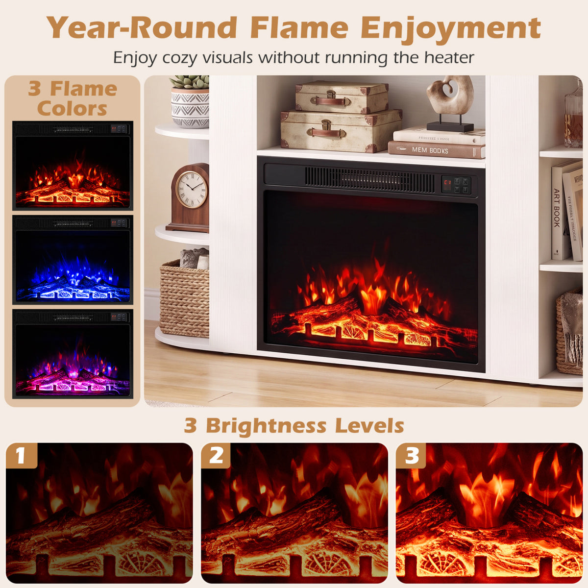 Close view of the fireplace glowing orange, with blue and purple flame examples and three brightness settings.