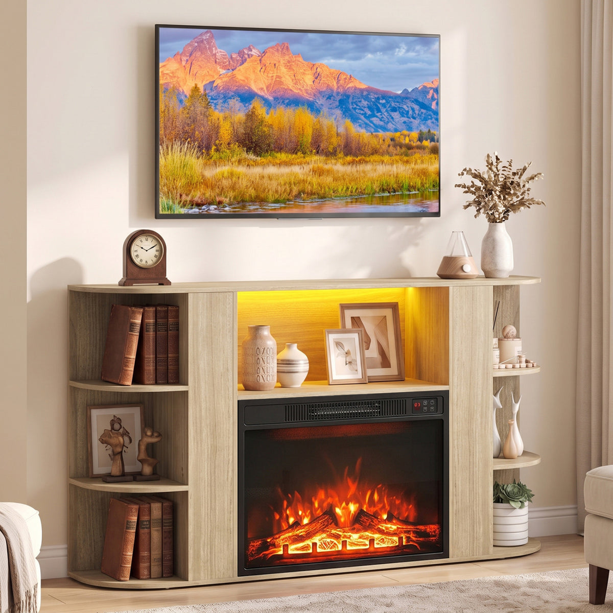 Light wood fireplace TV stand with glowing fire and yellow-lit center shelf beneath a wall-mounted television.