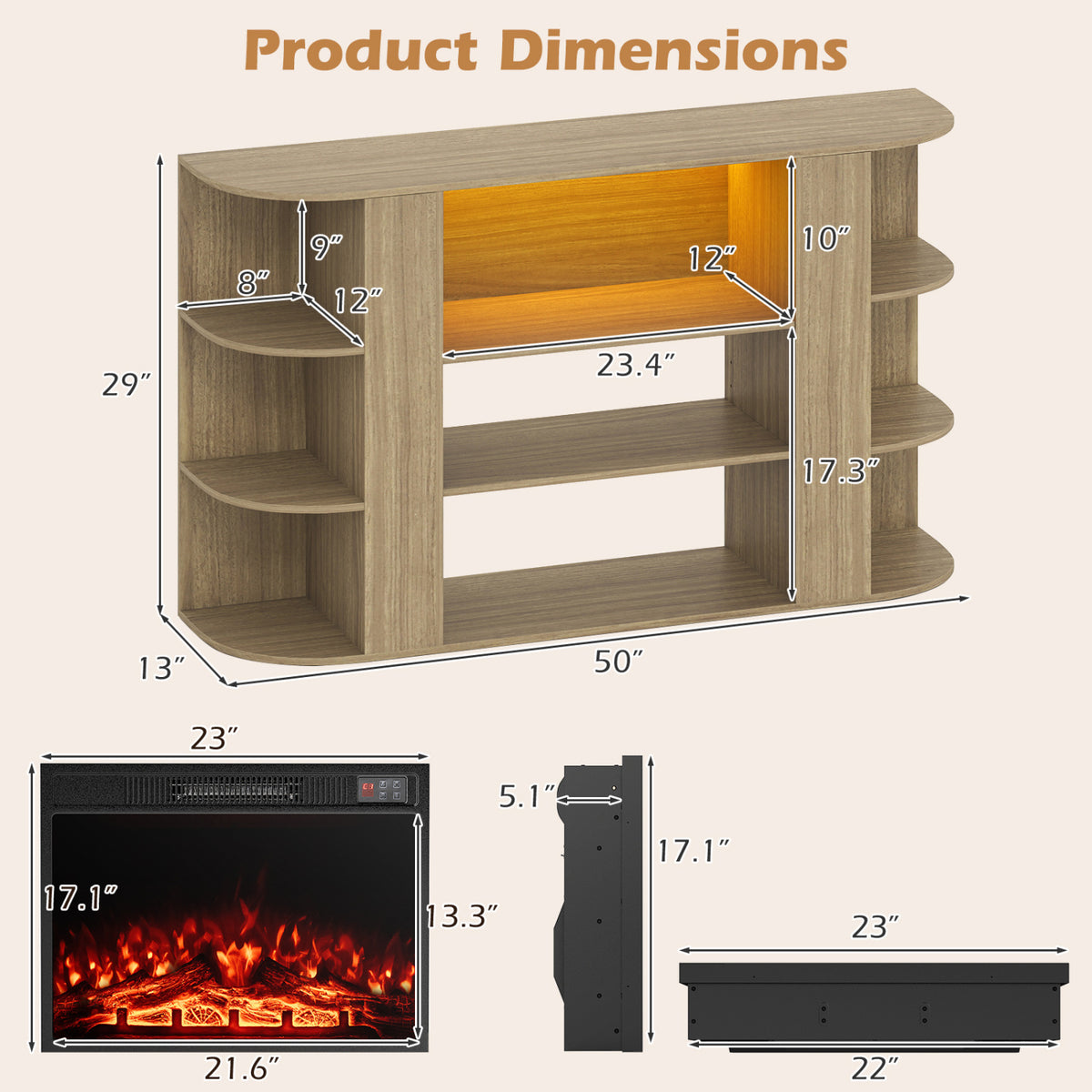 Illustrated dimensions of the fireplace stand and separate electric fireplace insert.