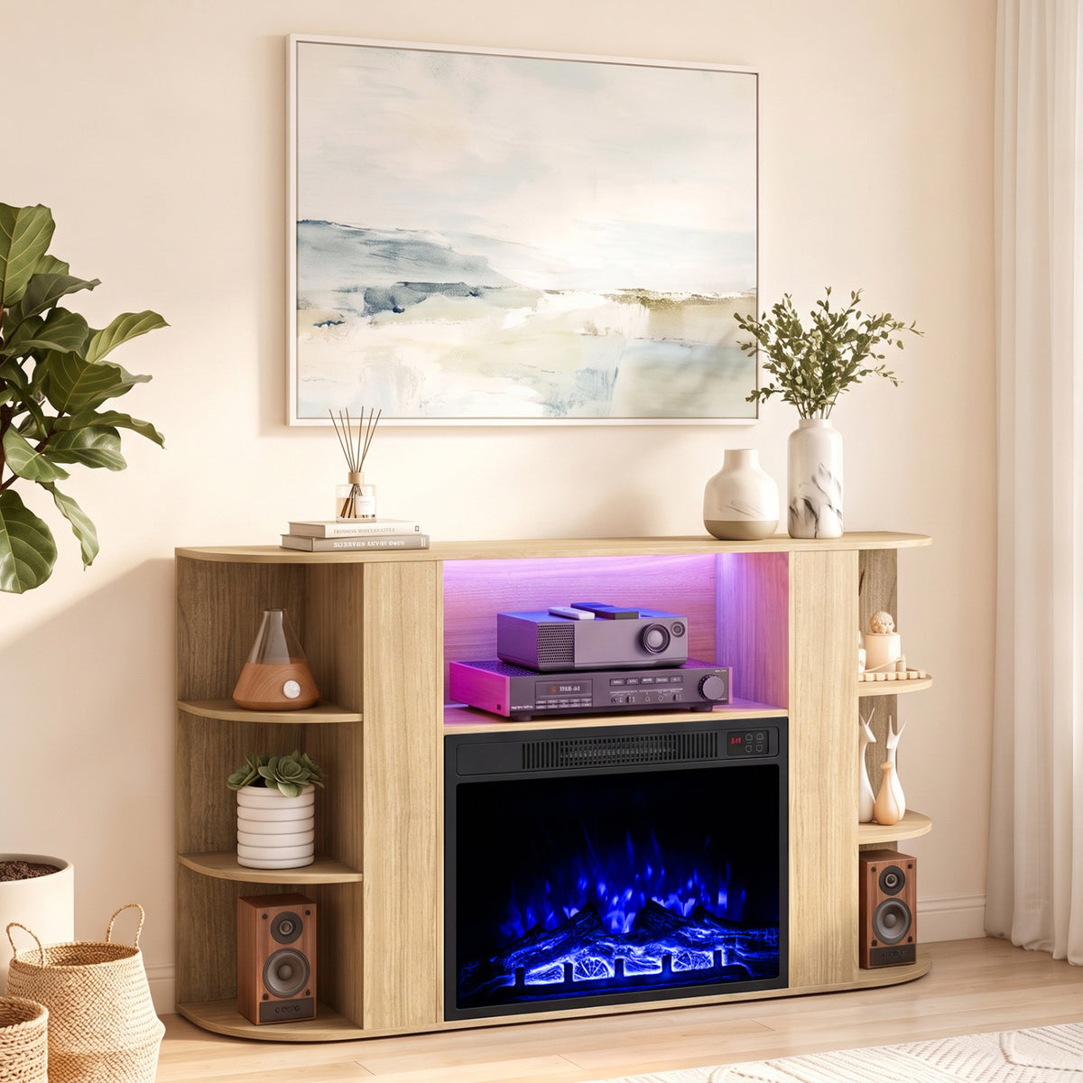 Light wood fireplace TV stand with blue flames, purple shelf lighting, and decor in a bright living room.