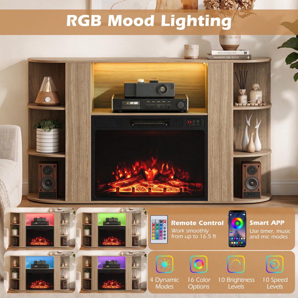 Light wood fireplace TV stand with orange flames and amber lighting, alongside smaller views of colorful lighting effects.