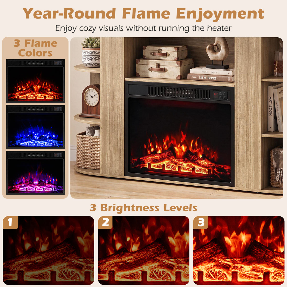 Close-up of a fireplace TV stand with orange flames, plus panels showing different flame colors and brightness.
