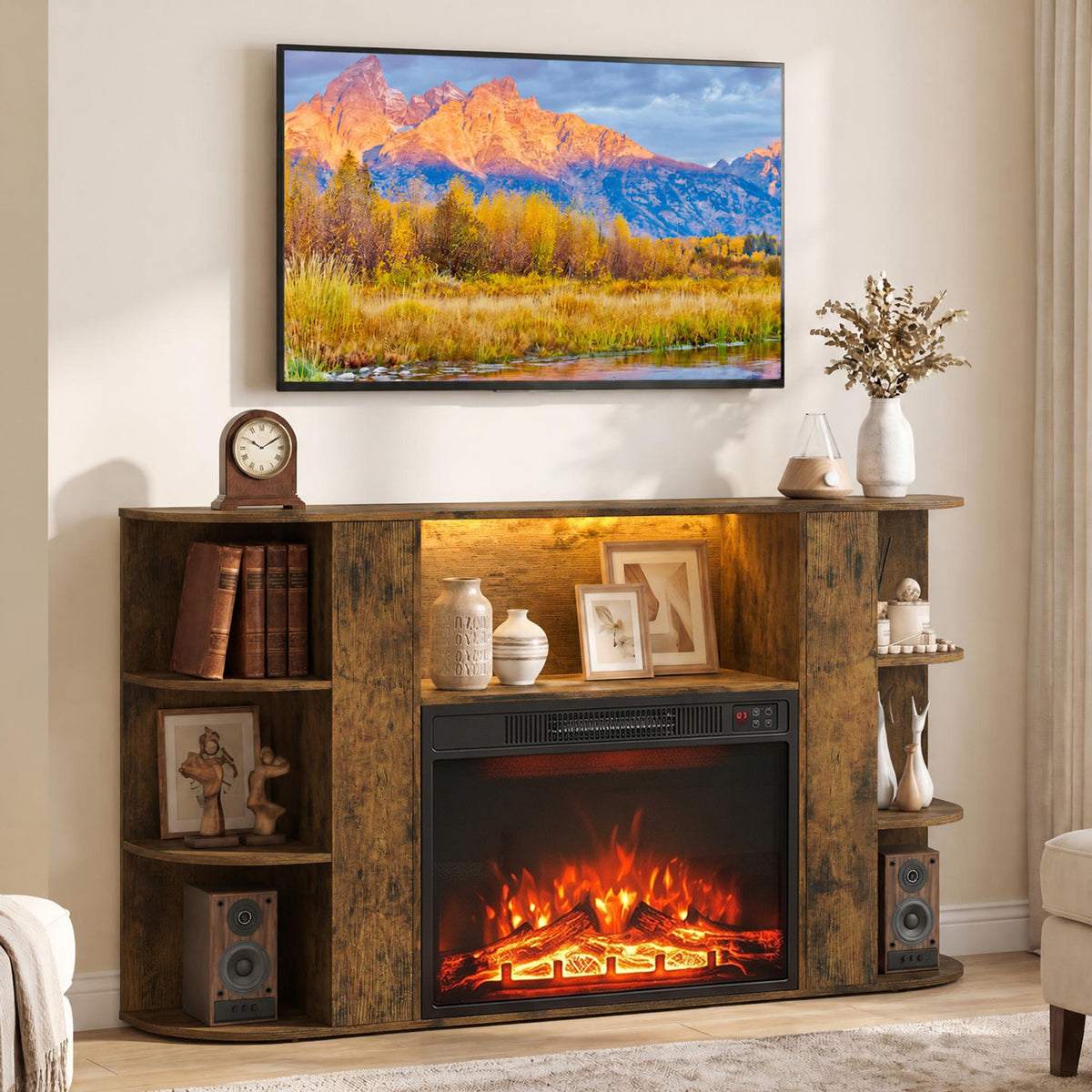 Dark wood fireplace TV stand with orange flames, display shelves, speakers, and a wall-mounted television.