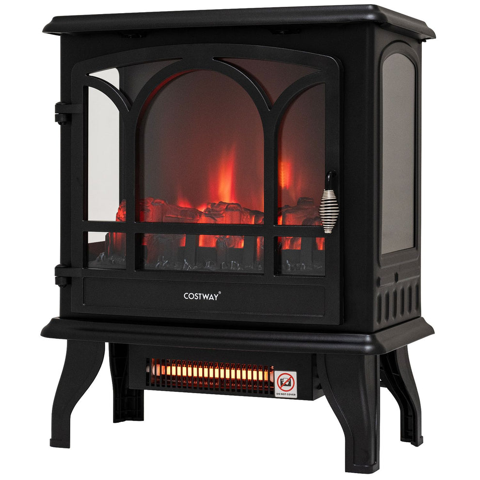 Black freestanding electric stove with arched glass door, glowing faux logs, side panel and curved legs.