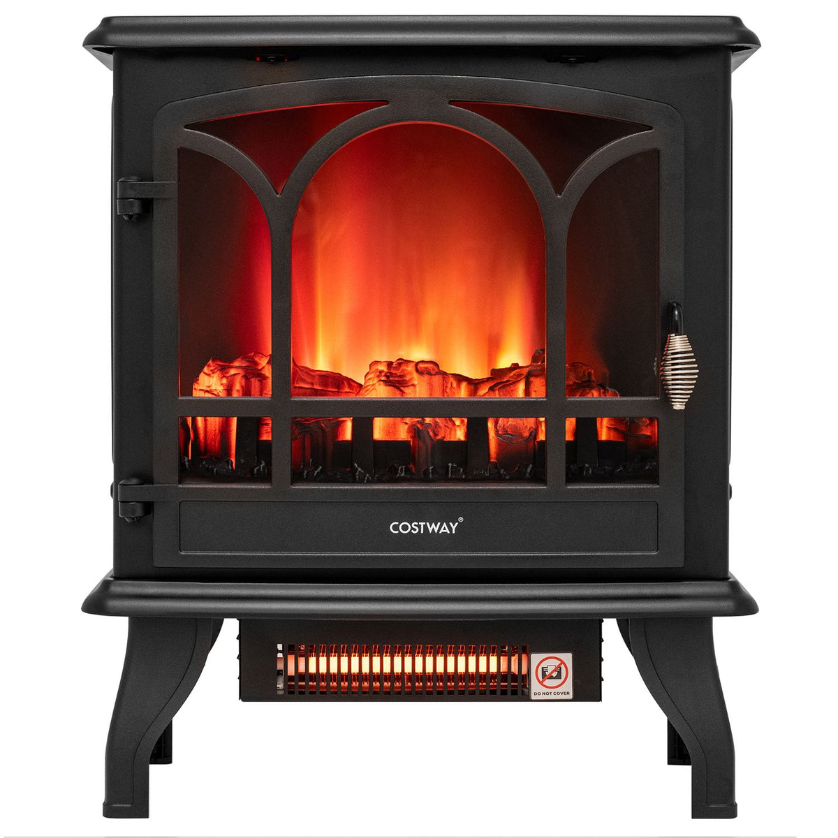 Straight-on view of the black stove showing its arched glass door, bright flame effect, faux logs and heater grille.
