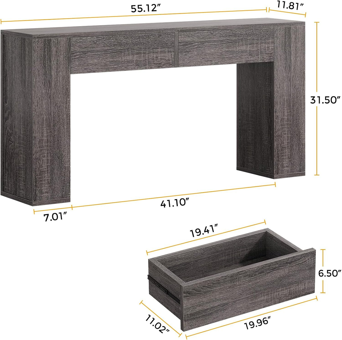 Dimensional diagram of the grey console table showing overall measurements and drawer dimensions.