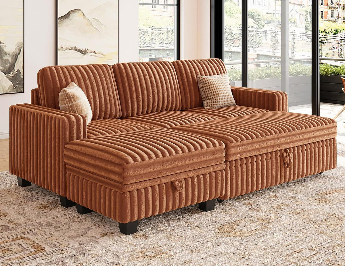 Caramel corduroy modular sofa with chaise, angled front in bright room with floor-to-ceiling windows