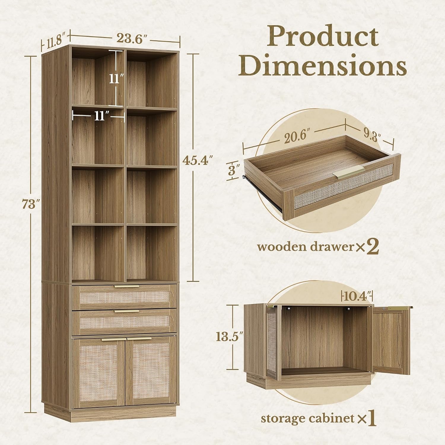 Tall 73-inch bookcase showing eight open cubbies, adjustable shelves and rattan-front lower cabinet with dimension callouts