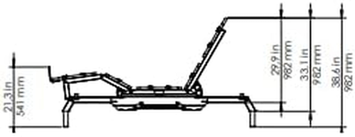 Side profile technical diagram of adjustable base showing head and foot lift positions and height measurements.