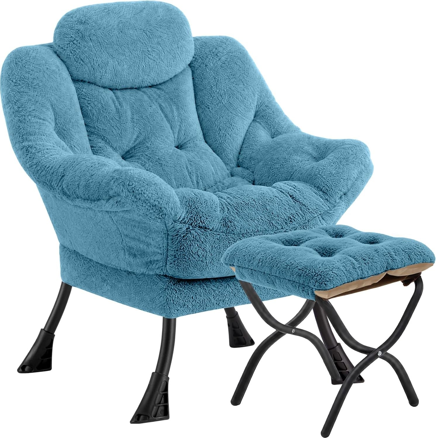 Plush teal folding lounge chair with matching ottoman shown against a white background.