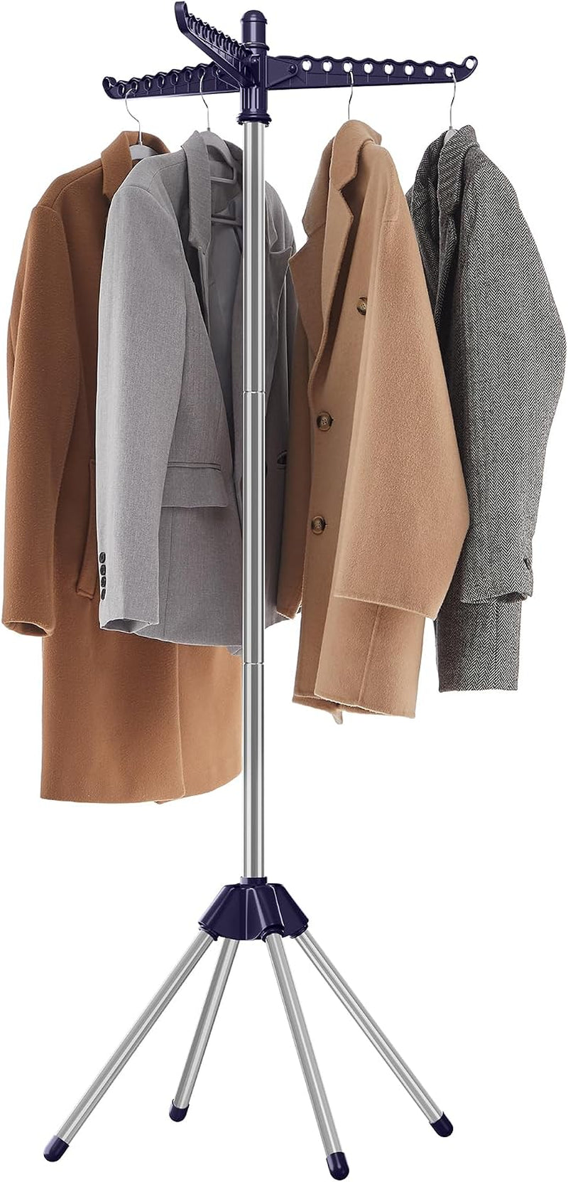 Silver pole drying rack with dark purple hubs and arms, shown with four coats hanging from the arms.