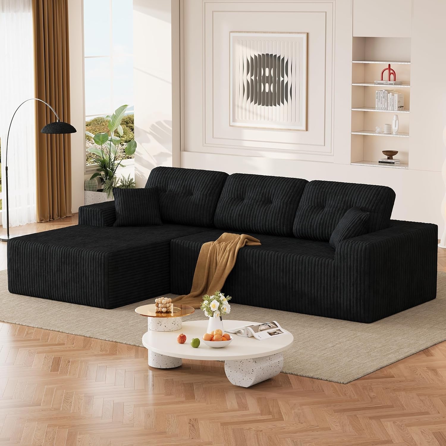 106" Boneless Sectional Sofa, Corduroy Modular L Shaped Couch with Deep Seat Chaise, Cloud Style Oversized Sectional Couch for Living Room, No Assembly, Left Facing, Black