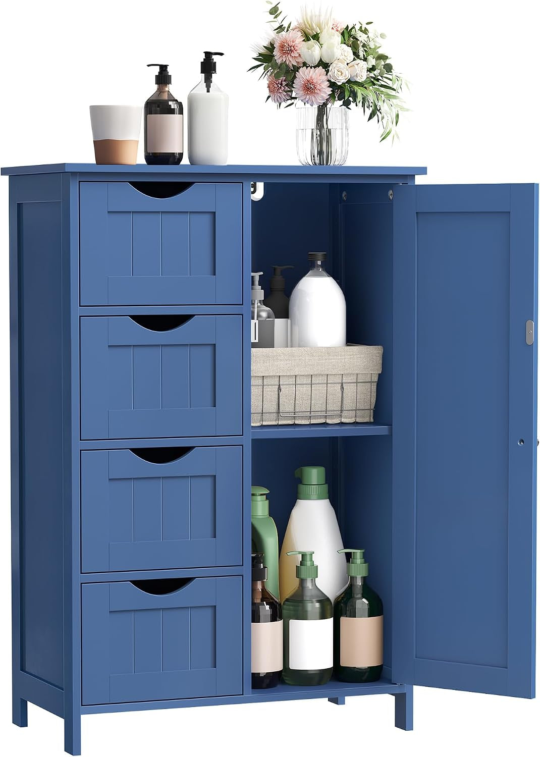 Blue freestanding cabinet with four left drawers and an open right-door showing two interior shelves with bottles