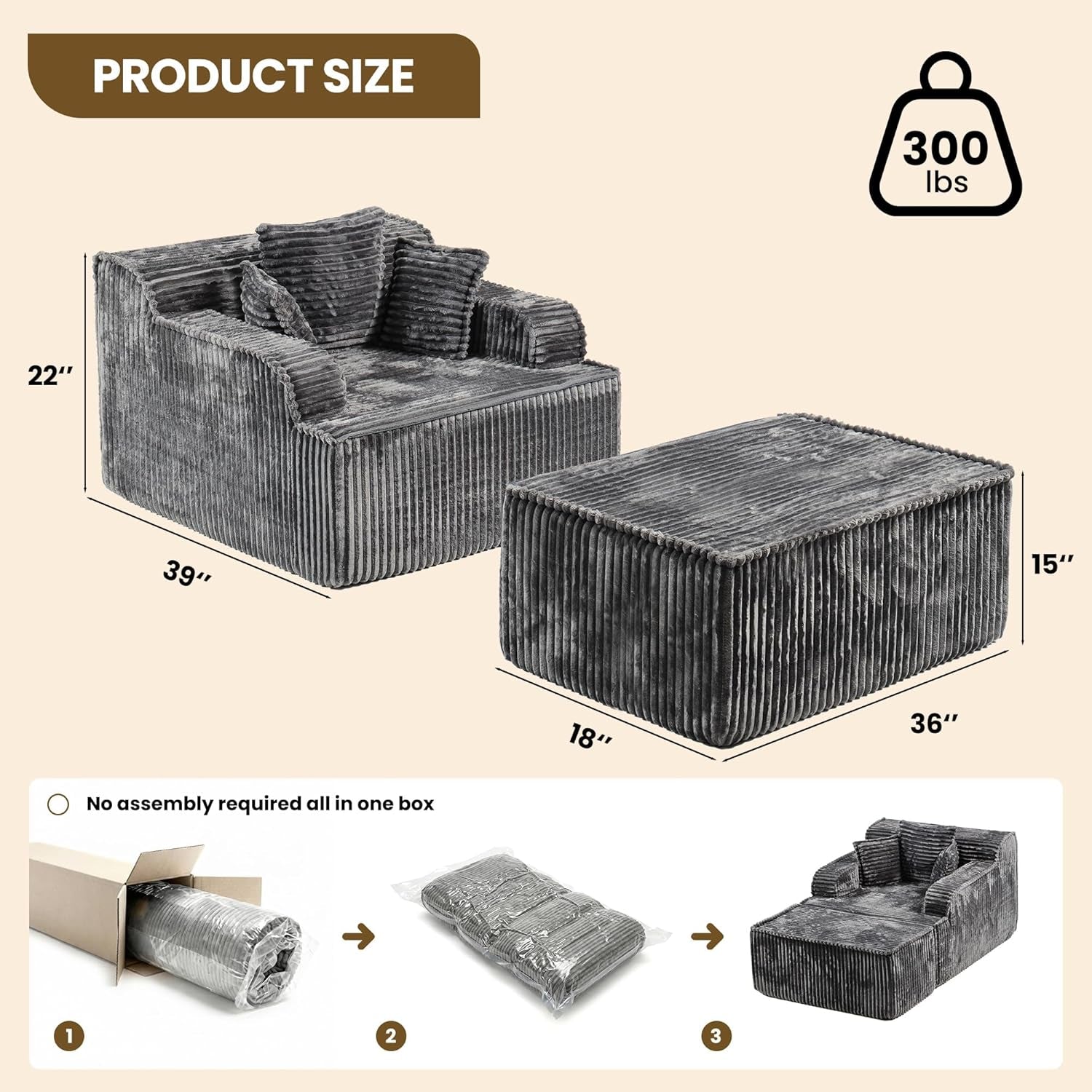 Illustration of the chair and ottoman with measurement callouts and a three-step packaging/unpacking sequence.