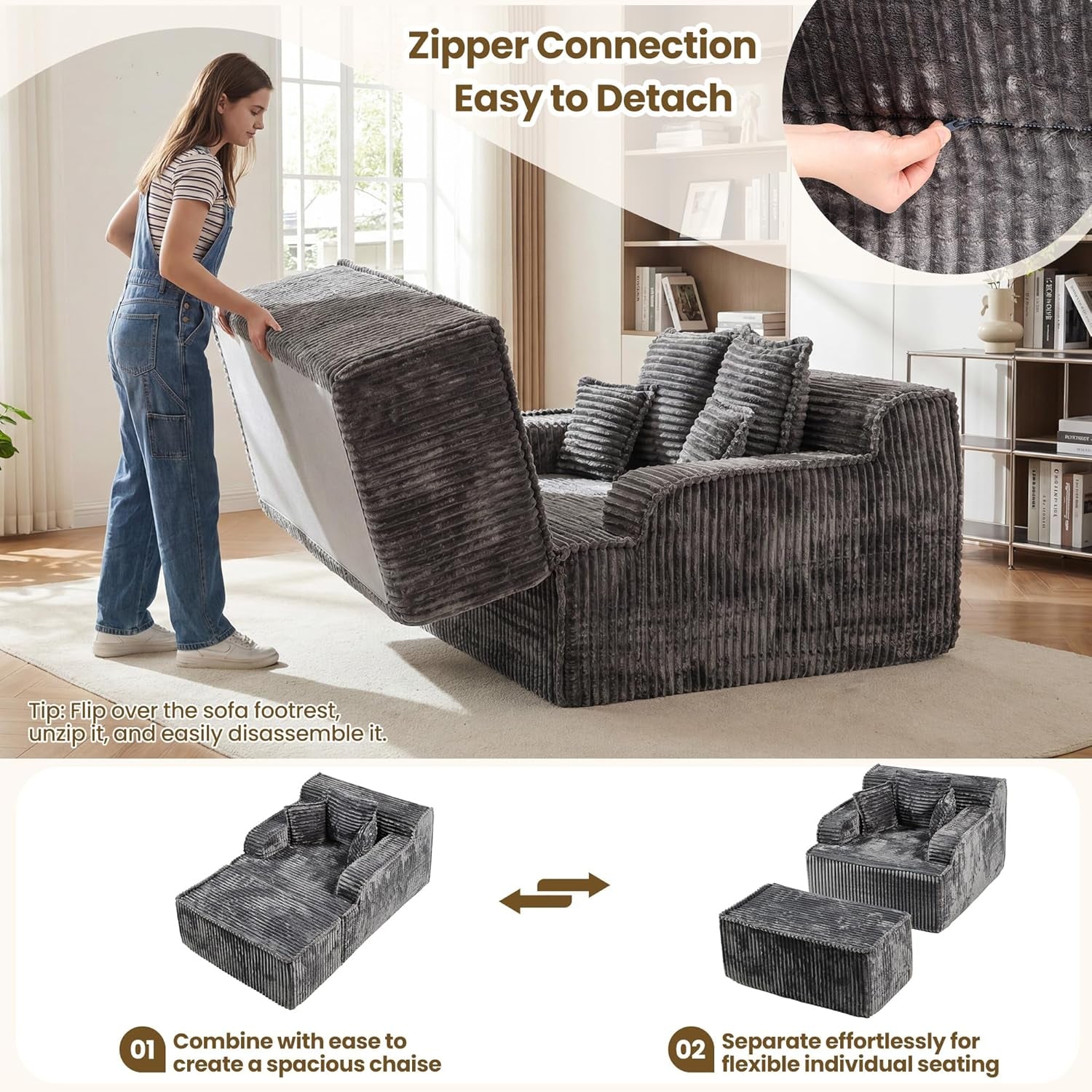 Woman lifting the ottoman footrest beside a chaise to show the zipper connection and detachable ottoman