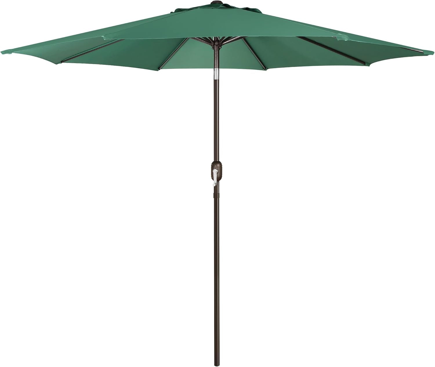 Full view of a green patio umbrella with brown pole and crank, open against white background.