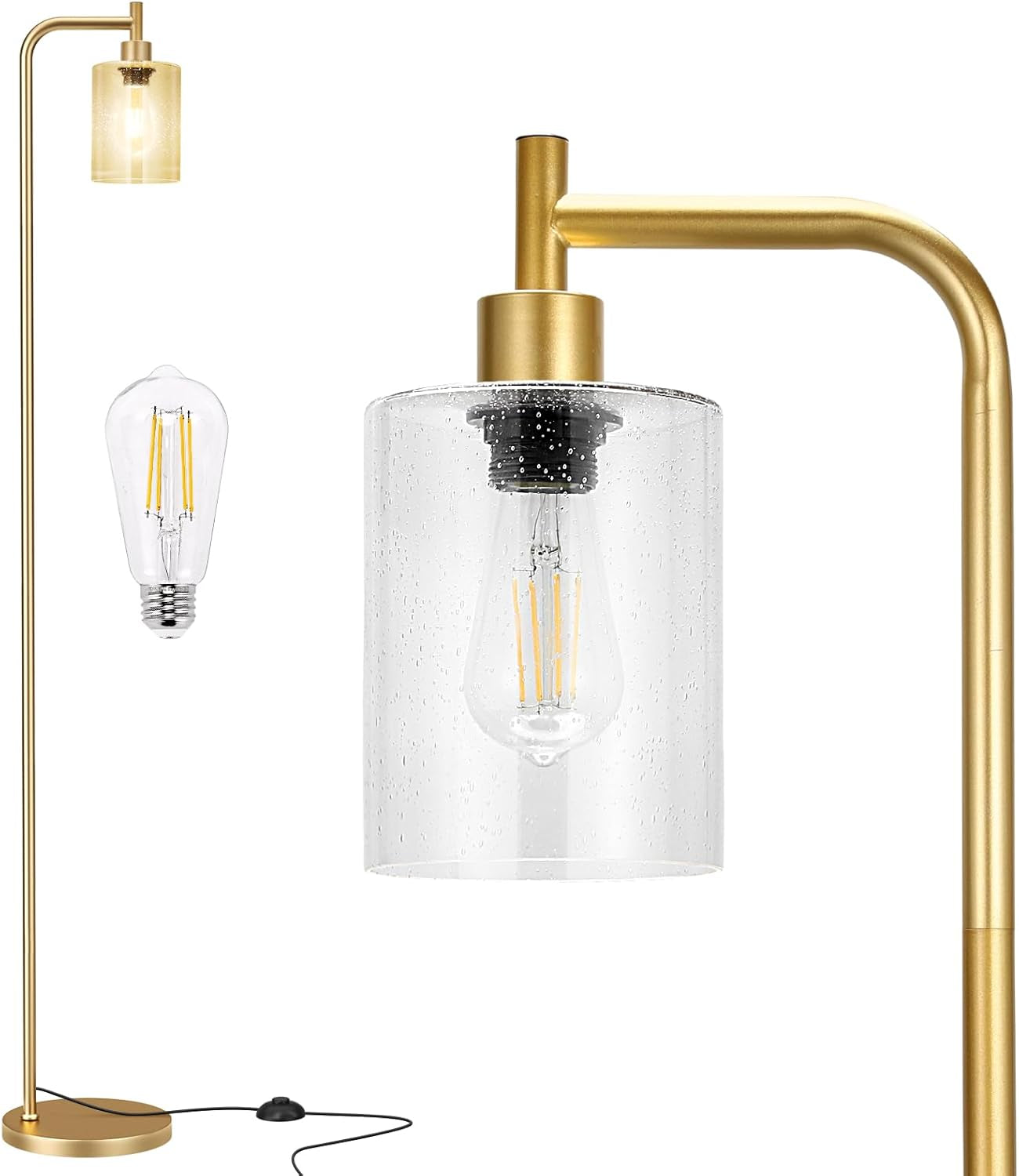 Gold floor lamp with seeded clear glass cylinder shade and visible filament bulb, foot pedal and cord shown