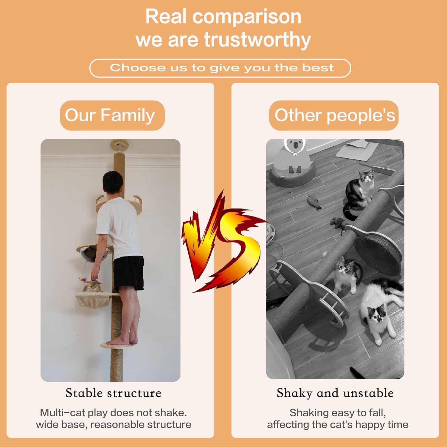 Comparison graphic demonstrating a stable multi-support cat tree with a person standing on a platform versus unstable designs