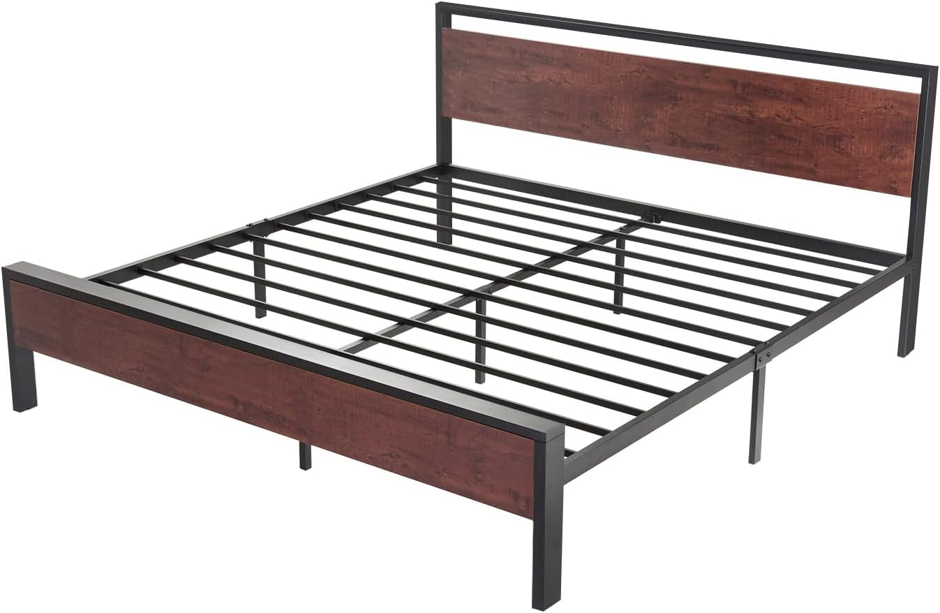 Isolated studio view of the full metal platform bed frame with wooden headboard and footboard panels