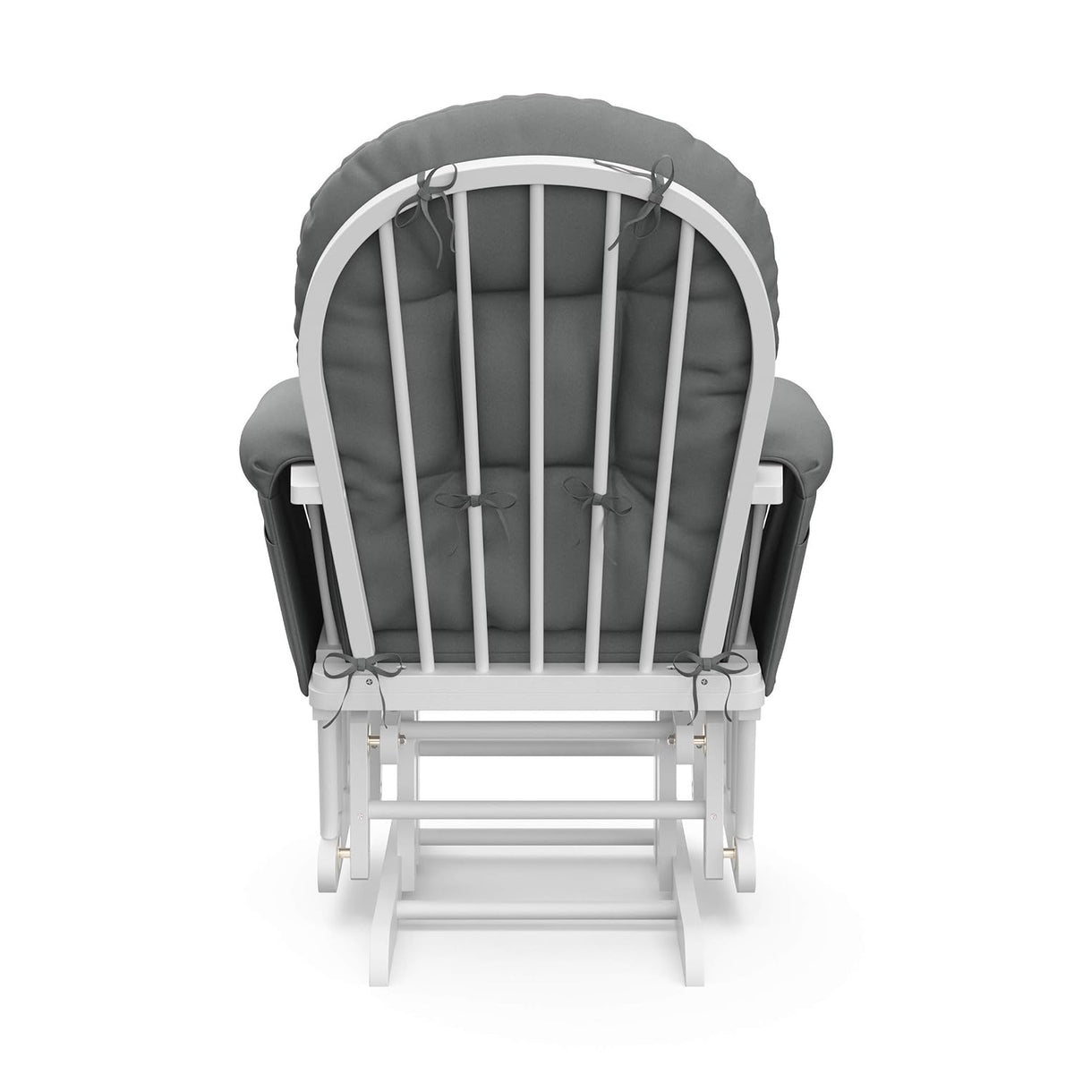 Back of the glider showing curved slatted white frame and tied gray cushion secured to the back.