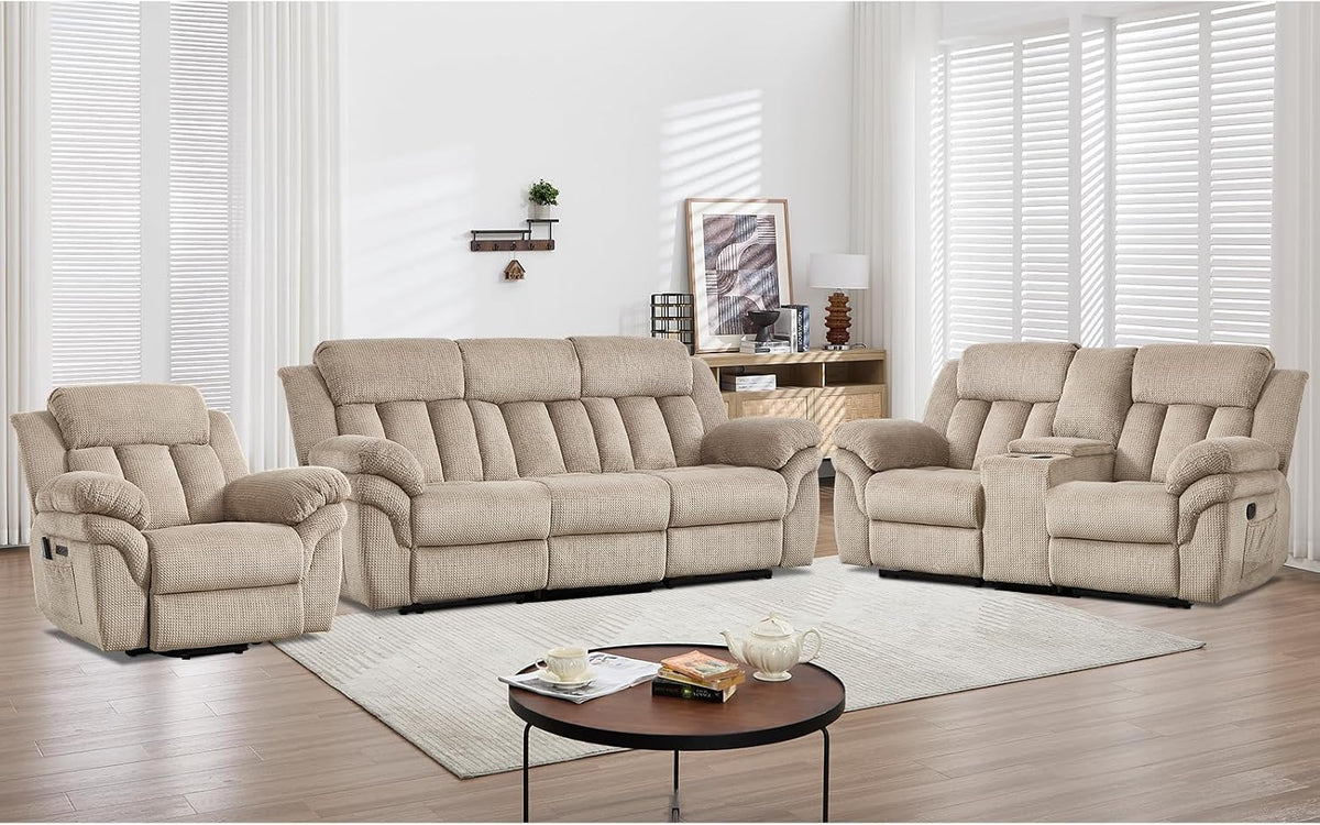 Light brown three-piece reclining set: single recliner, three-seat sofa, and two-seat loveseat in bright room.
