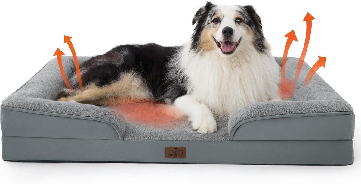 Smiling dog on a gray bed with orange arrows indicating warmth or breathability