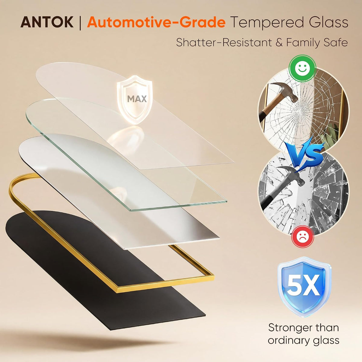 Exploded view of the mirror layers showing mirror glass, backing and a gold arched frame.