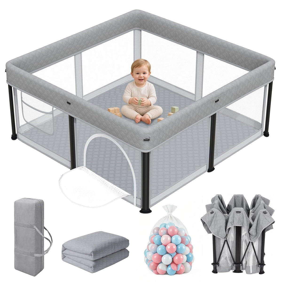 Light-gray square playpen with mesh sides and matching mat, a baby sits inside with a few wooden blocks; accessories shown