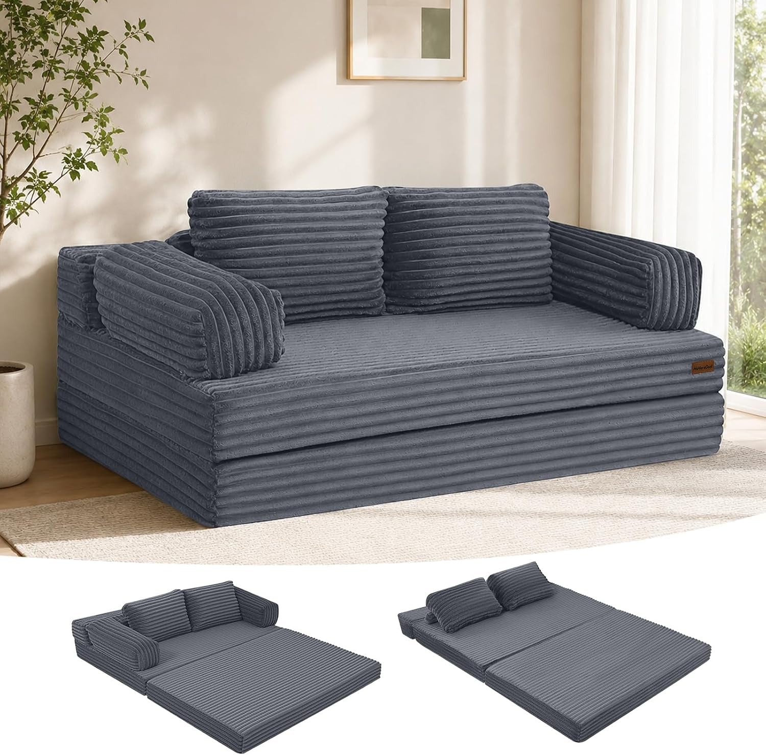 Charcoal corduroy loveseat shown front-on with two fold-out mattress positions below.