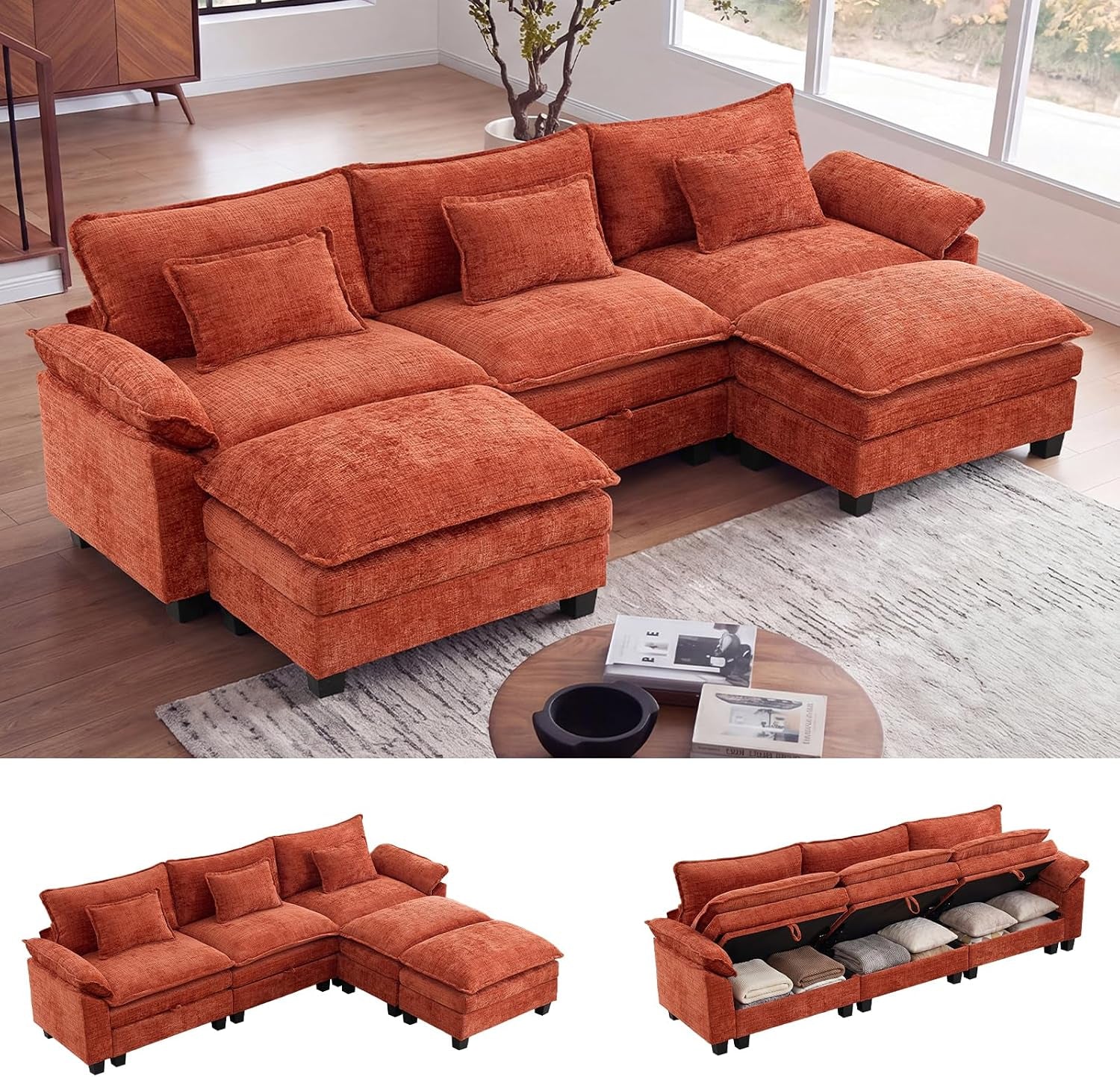 Rust orange modular sectional with moveable ottoman in a sunlit interior