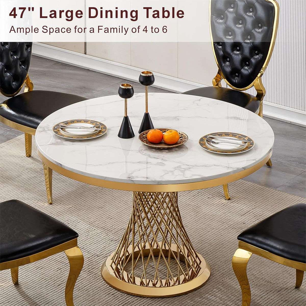 Front-close view of the round faux marble tabletop with gold trim and a stainless steel spiral pedestal base
