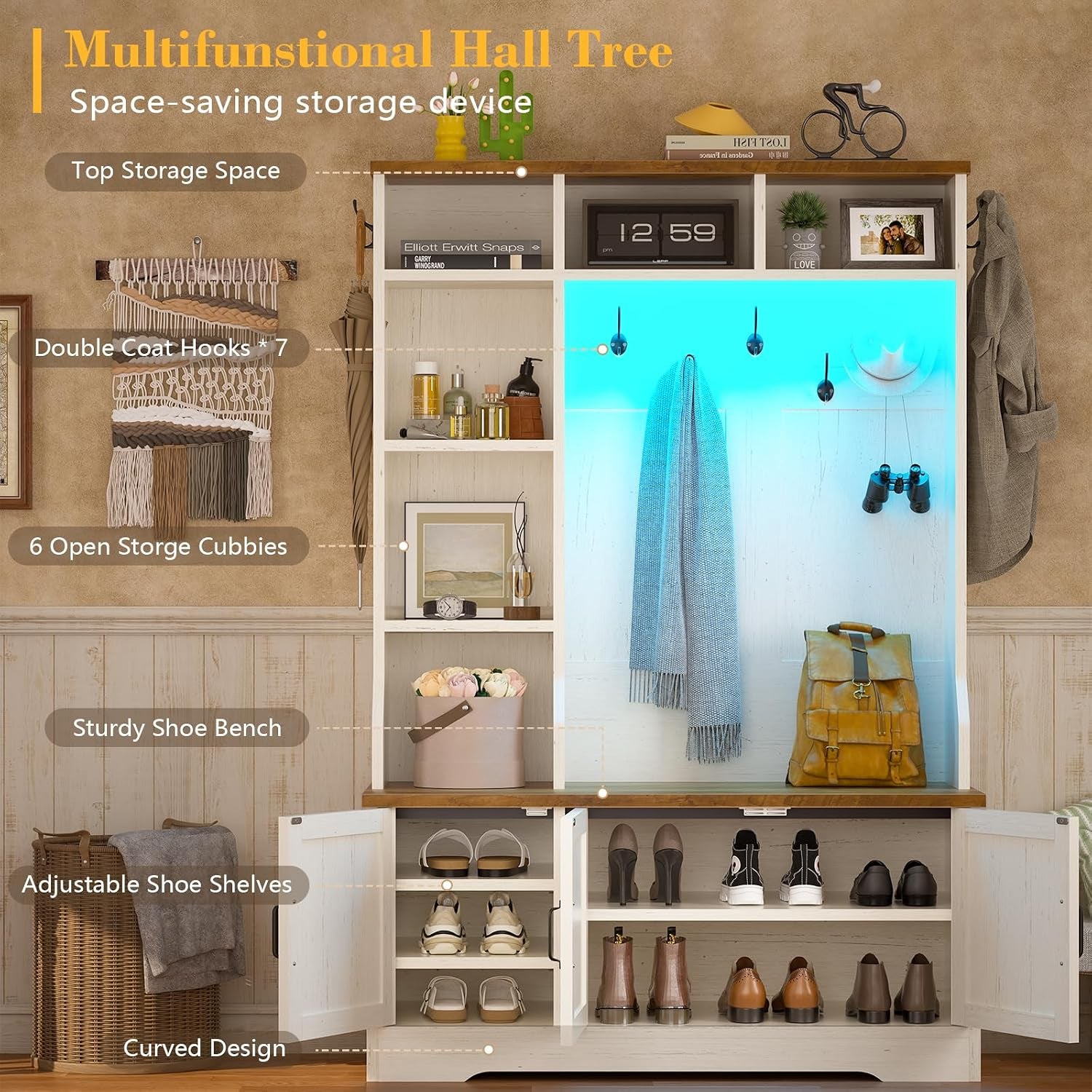Front diagram view of hall tree highlighting double coat hooks, six cubbies, shoe bench and RGB lighting