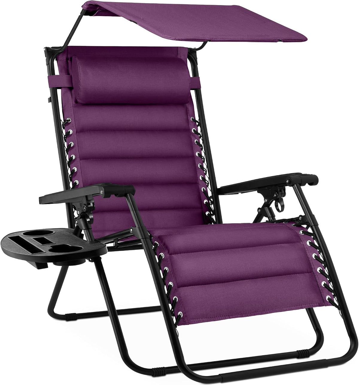 Three-quarter view of a deep purple padded zero-gravity recliner with canopy and attached side tray.