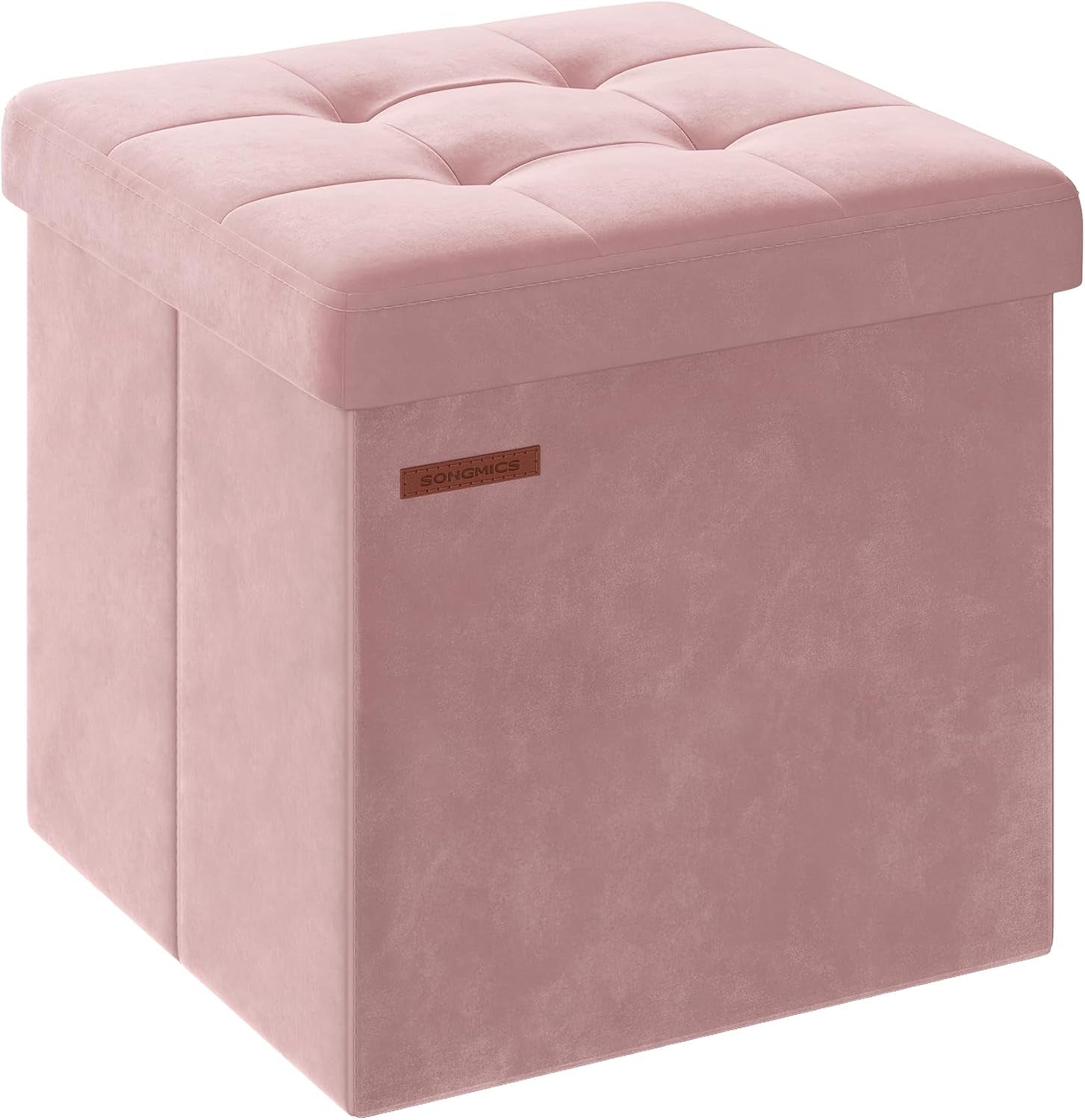 Pink tufted square storage ottoman shown at a three-quarter angle on a white background.