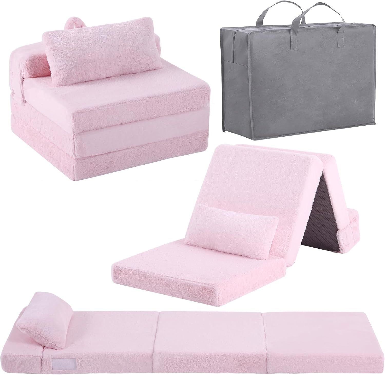 Pink tri-fold kids mattress shown folded into chair, folded tent shape, and fully flat with gray storage bag