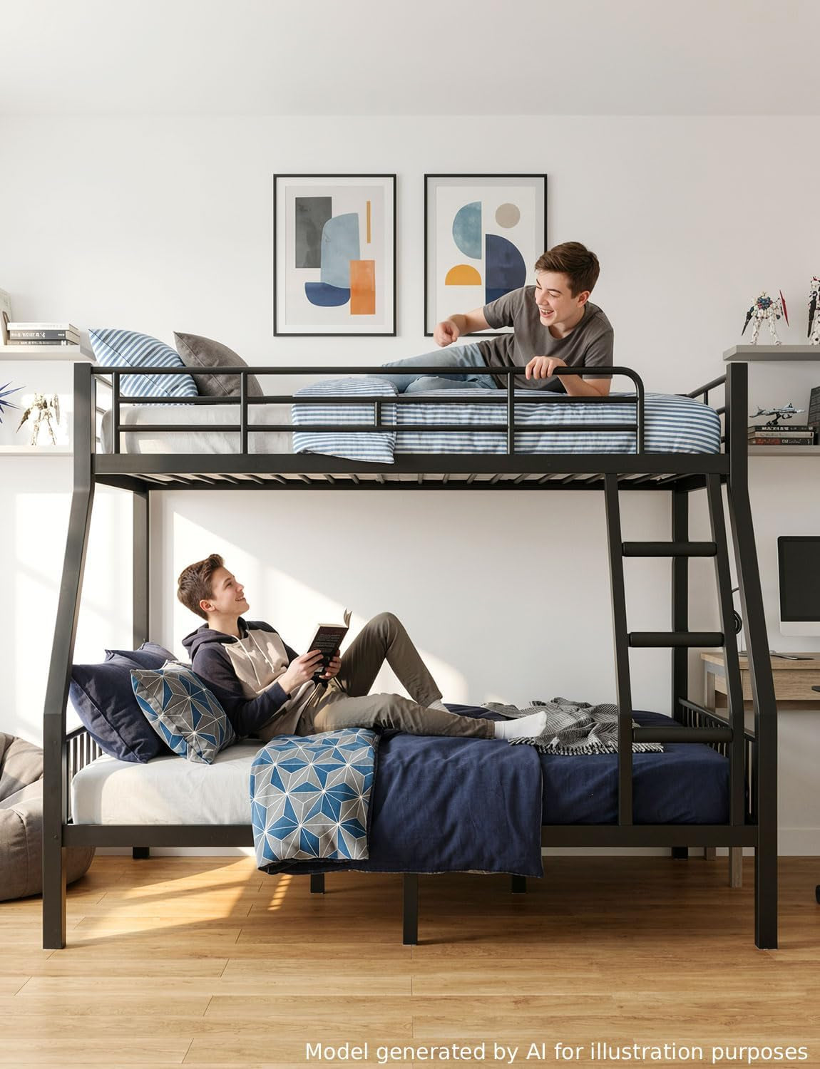Black metal twin-over-queen bunk bed in a bright bedroom with two boys on the top and bottom bunks and striped blue bedding.