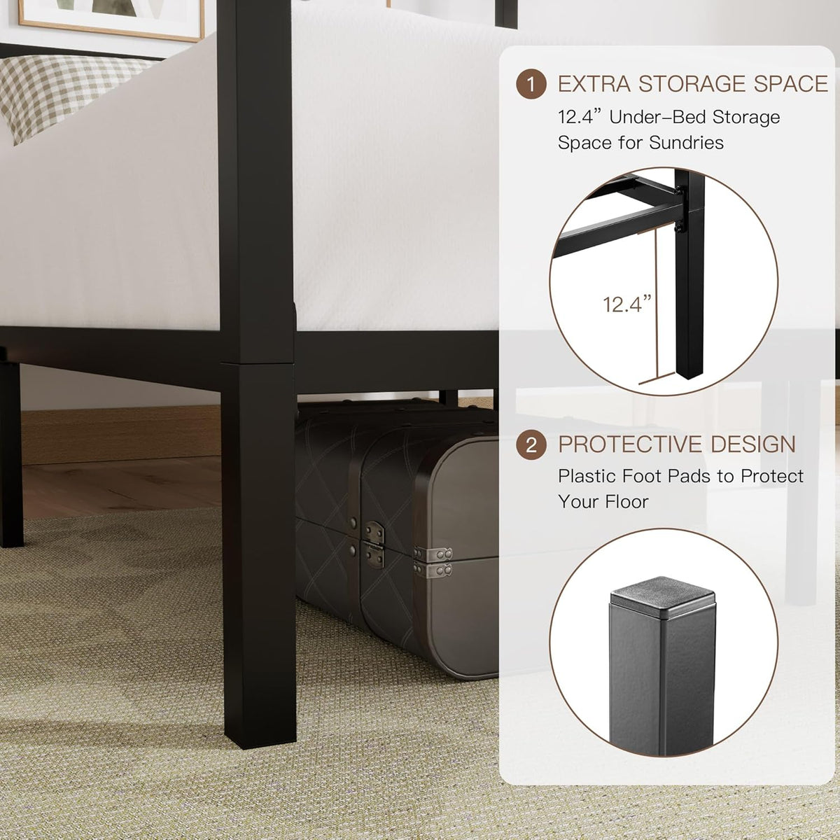 Under-bed detail showing black metal leg with 12.4" clearance and a plastic foot pad protecting the floor