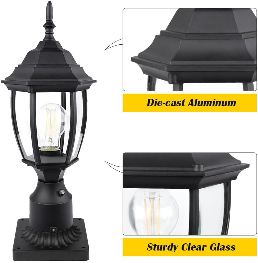 Close-up of black post lantern showing die-cast aluminum roof detail and sturdy clear glass panels