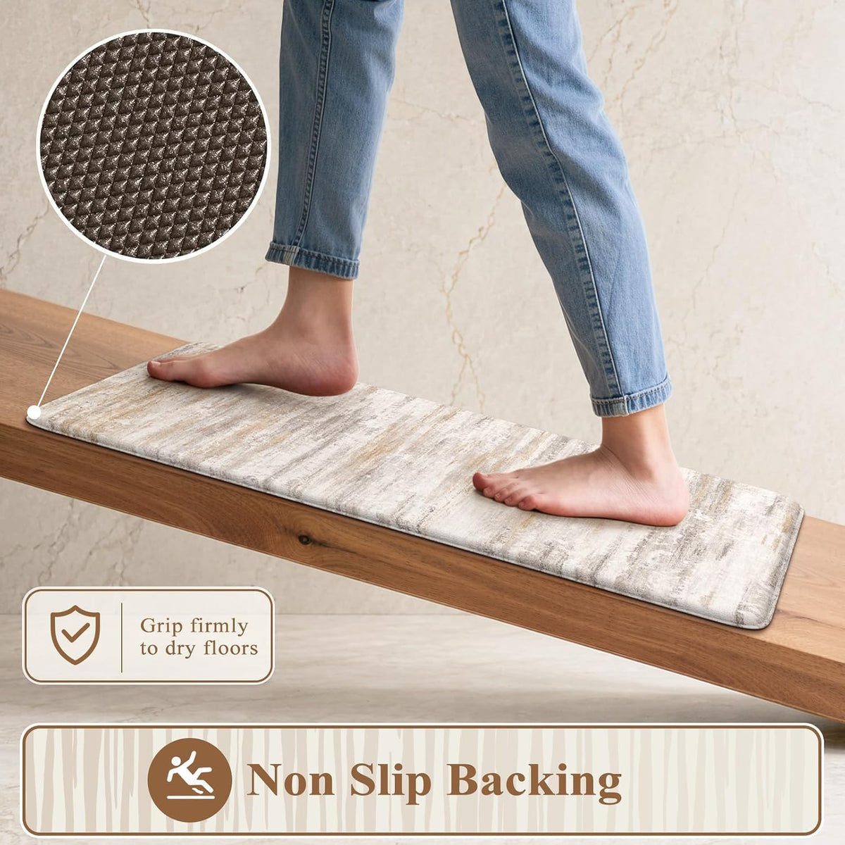 Top view of a mat on a bench with feet, inset circle shows textured non-slip backing