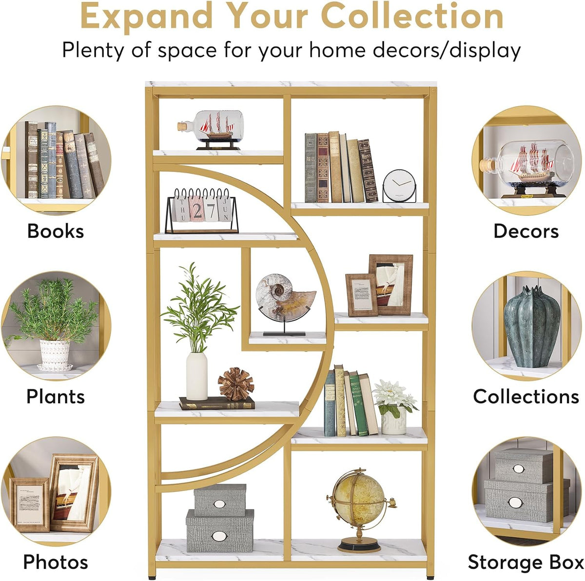 Front-facing product collage showing the bookshelf with decorative vignettes and circular feature callouts