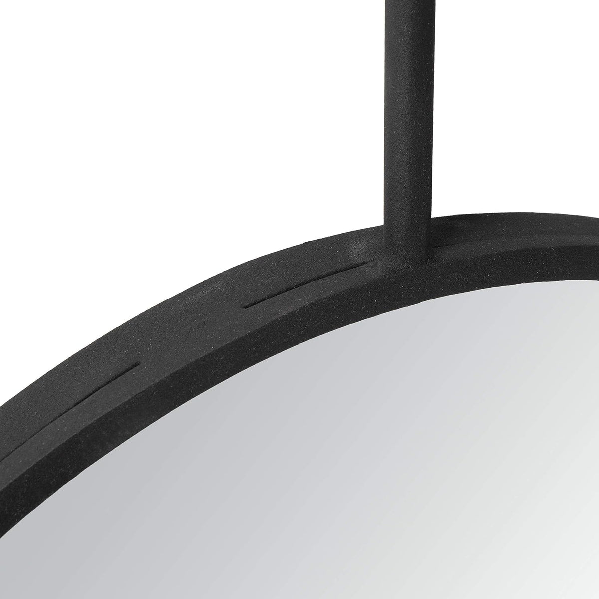 Close-up of the mirror edge and connecting rod showing the matte black textured finish and mirror surface.