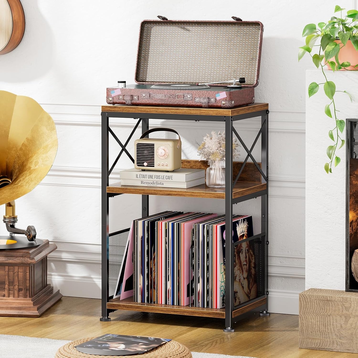 Three-tier end table with a record player on top, books and a small radio on the middle shelf and vinyls stored below.
